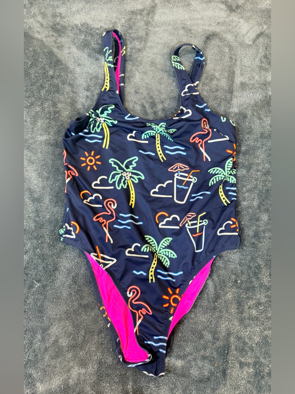 chubbies Navy One-Piece Swimsuit with Neon Tropical Motif and Pink Lining